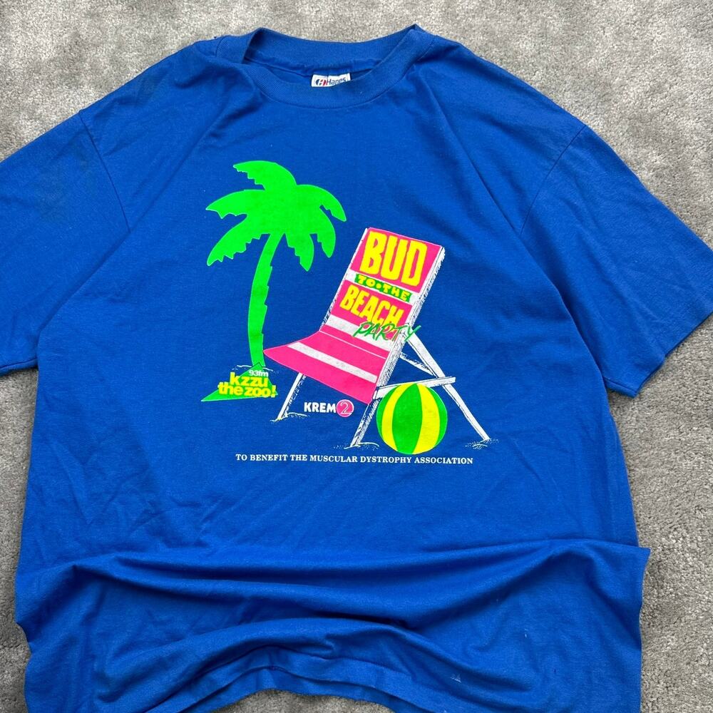 Vintage Graphic Radio Station Promo Tee Size XL 93fm "Bud To The Beach" Y2K 90s